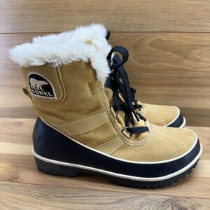 Sorel Tivoli II Tan Suede Snow Boots Womens 9 Short Waterproof Faux Fur Lace Up